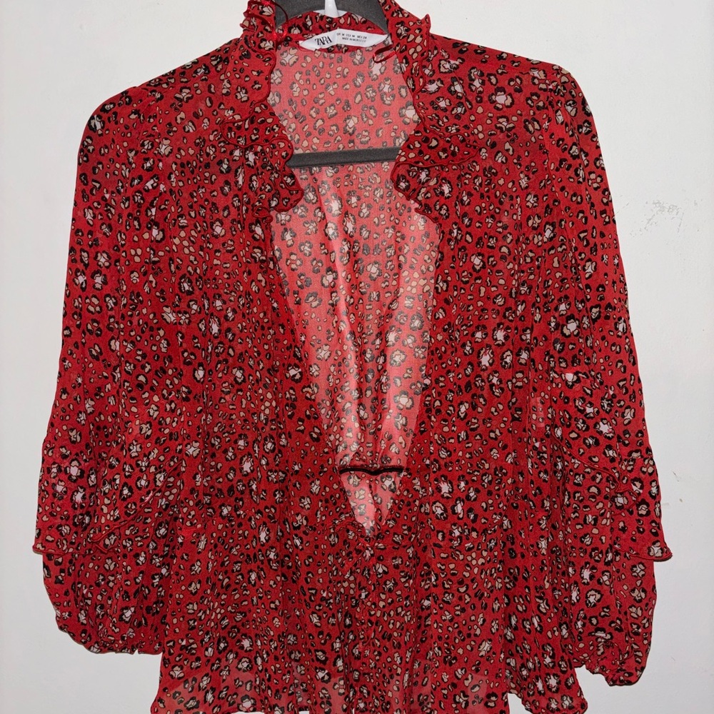 Zara Red Ruffled Tie Front Blouse